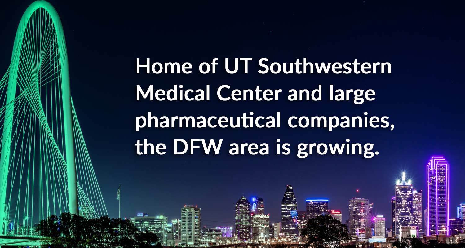 Image of Dallas skyline for article on DFW biotech.