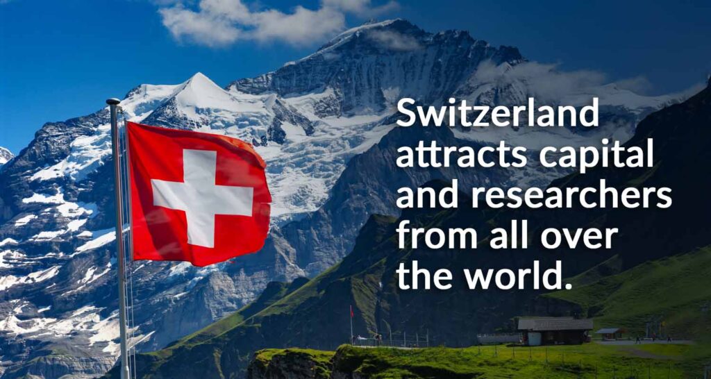 Image of Swiss alps and flag for article on biotech.